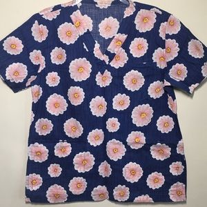 Scrub Top - Navy Blue with Pink Flowers Design